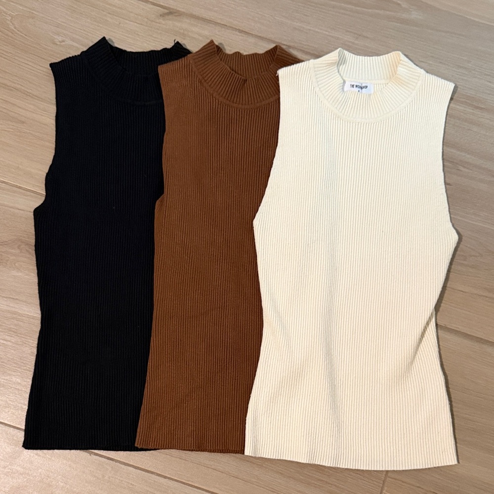 Mango Sleeveless Ribbed Tops - Ebony, Chestnut, Ivory